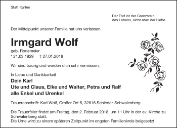 Anzeige  Irmgard Wolf  Lippische Landes-Zeitung