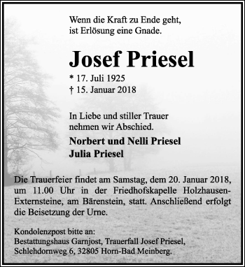 Anzeige  Josef Priesel  Lippische Landes-Zeitung