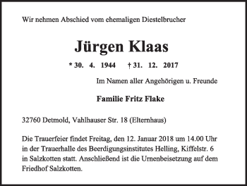 Anzeige  Jürgen Klaas  Lippische Landes-Zeitung