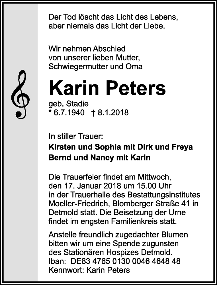  Traueranzeige für Karin Peters vom 13.01.2018 aus Lippische Landes-Zeitung