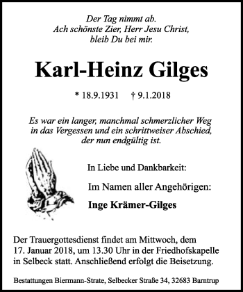 Anzeige  Karl-Heinz Gilges  Lippische Landes-Zeitung
