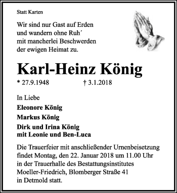 Anzeige  Karl-Heinz König  Lippische Landes-Zeitung