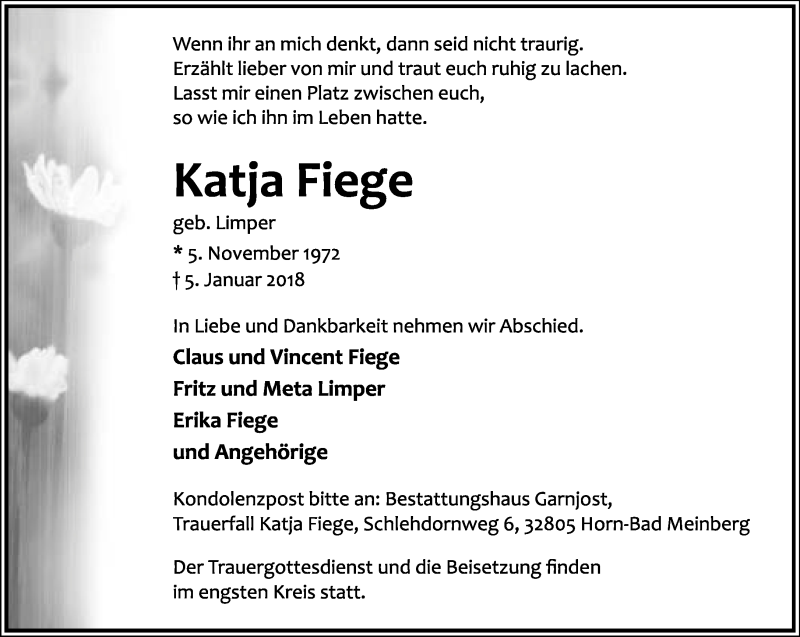  Traueranzeige für Katja Fiege vom 10.01.2018 aus Lippische Landes-Zeitung
