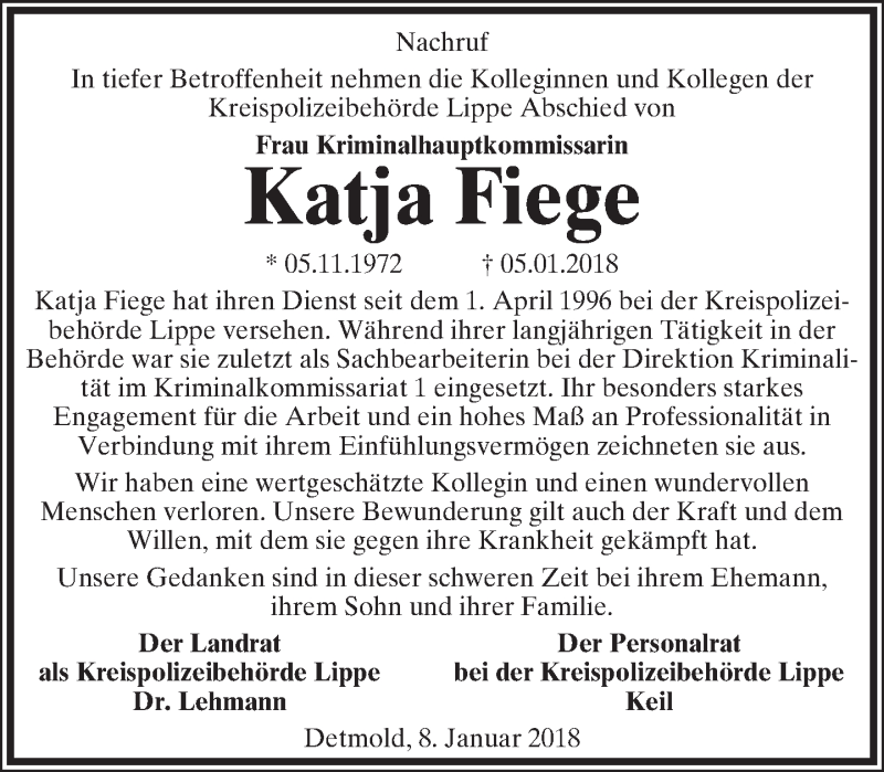  Traueranzeige für Katja Fiege vom 13.01.2018 aus Lippische Landes-Zeitung