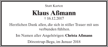 Anzeige  Klaus Aßmann  Lippische Landes-Zeitung