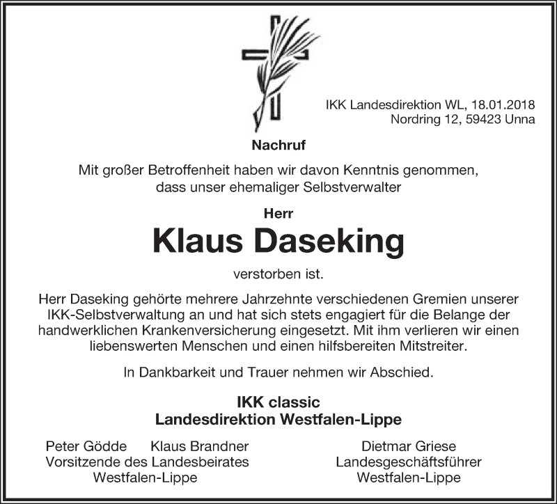  Traueranzeige für Klaus Daseking vom 20.01.2018 aus Lippische Landes-Zeitung
