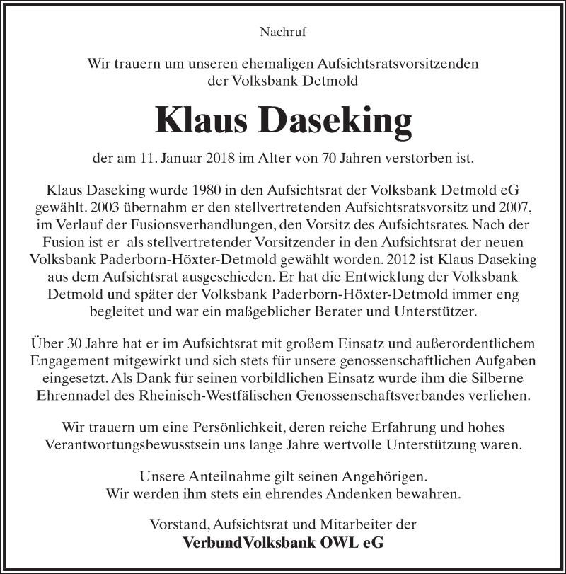  Traueranzeige für Klaus Daseking vom 20.01.2018 aus Lippische Landes-Zeitung