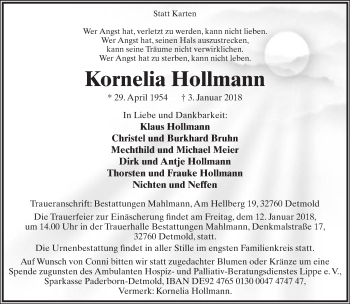 Anzeige  Kornelia Hollmann  Lippische Landes-Zeitung