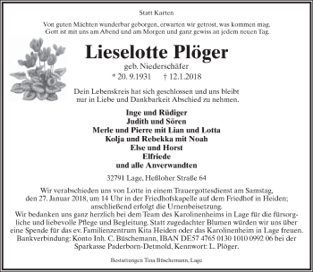 Anzeige  Lieselotte Plöger  Lippische Landes-Zeitung