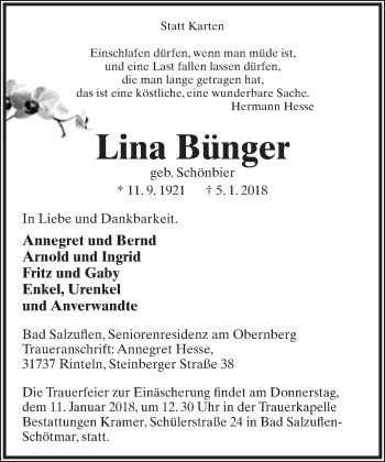 Anzeige  Lina Bünger  Lippische Landes-Zeitung