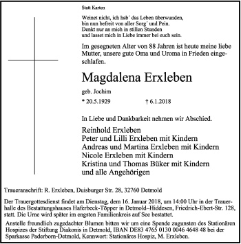 Anzeige  Magdalena Erxleben  Lippische Landes-Zeitung