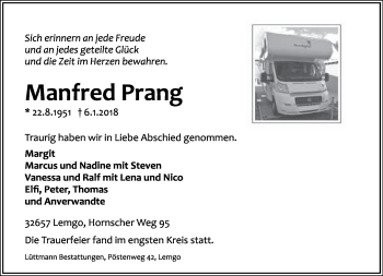 Anzeige  Manfred Prang  Lippische Landes-Zeitung