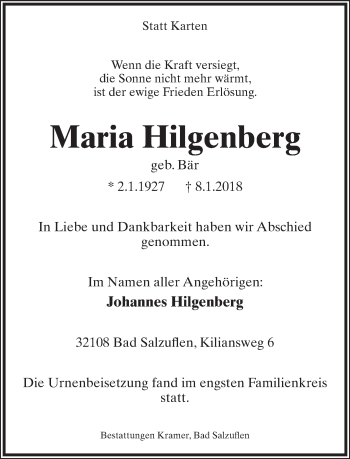 Anzeige  Maria Hilgenberg  Lippische Landes-Zeitung