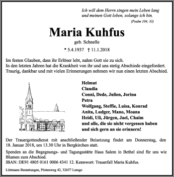 Anzeige  Maria Kuhfus  Lippische Landes-Zeitung