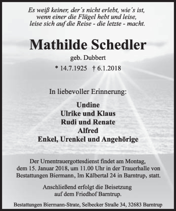 Anzeige  Mathilde Schedler  Lippische Landes-Zeitung