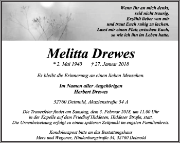 Anzeige  Melitta Drewes  Lippische Landes-Zeitung