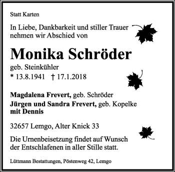 Anzeige  Monika Schröder  Lippische Landes-Zeitung