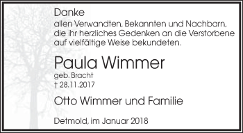 Anzeige  Paula Wimmer  Lippische Landes-Zeitung