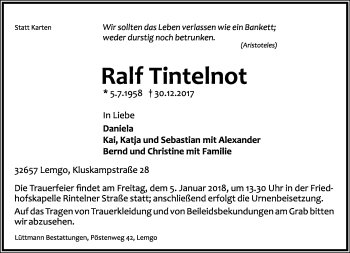 Anzeige  Ralf Tintelnot  Lippische Landes-Zeitung