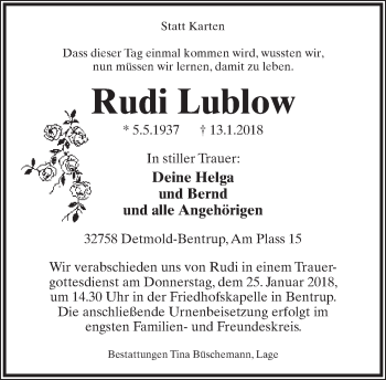 Anzeige  Rudi Lublow  Lippische Landes-Zeitung