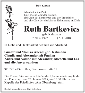 Anzeige  Ruth Bartkevics  Lippische Landes-Zeitung