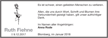 Anzeige  Ruth Fiehne  Lippische Landes-Zeitung