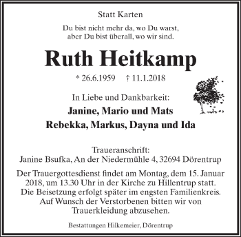 Anzeige  Ruth Heftkamp  Lippische Landes-Zeitung