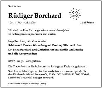 Anzeige  Rüdiger Borchard  Lippische Landes-Zeitung