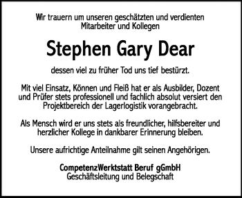 Anzeige  Stephen Gary Dear  Lippische Landes-Zeitung