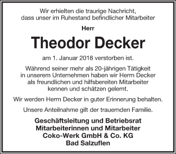 Anzeige  Theodor Decker  Lippische Landes-Zeitung