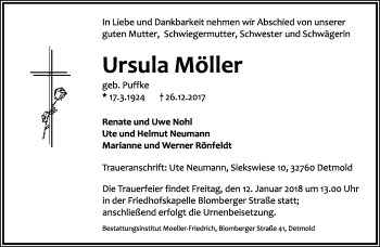 Anzeige  Ursula Möller  Lippische Landes-Zeitung