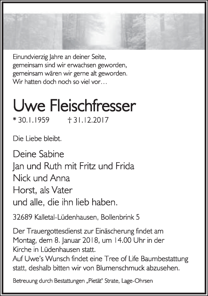  Traueranzeige für Uwe Fleischfresser vom 04.01.2018 aus Lippische Landes-Zeitung