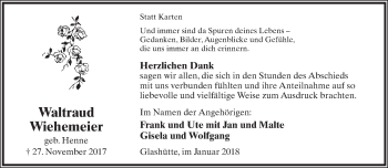 Anzeige  Waltraud Wiehemeier  Lippische Landes-Zeitung
