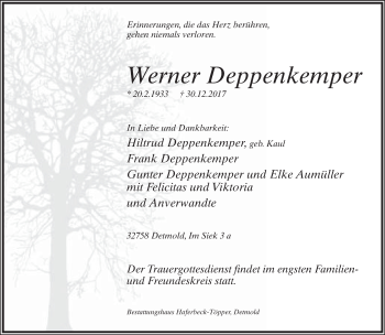 Anzeige  Werner Deppenkemper  Lippische Landes-Zeitung