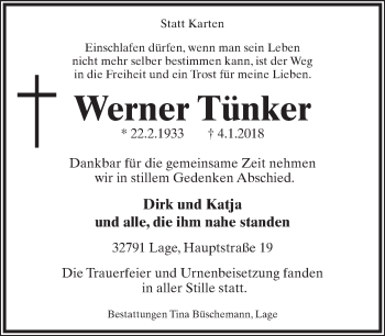 Anzeige  Werner Tünker  Lippische Landes-Zeitung