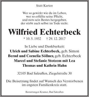 Anzeige  Wilfried Echterbeck  Lippische Landes-Zeitung