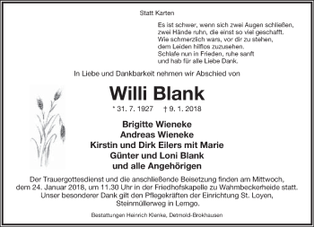 Anzeige  Willi Blank  Lippische Landes-Zeitung