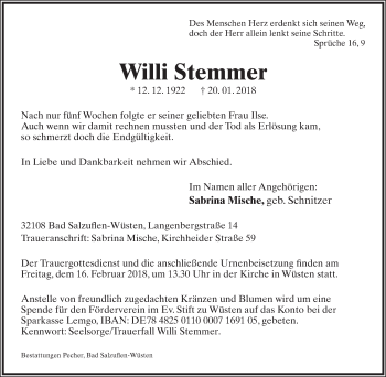 Anzeige  Willi Stemmer  Lippische Landes-Zeitung