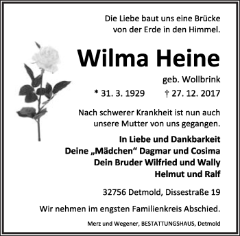 Anzeige  Wilma Heine  Lippische Landes-Zeitung