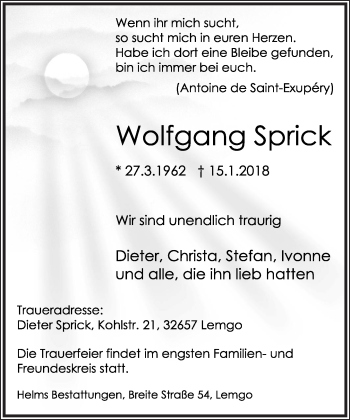 Anzeige  Wolfgang Sprick  Lippische Landes-Zeitung