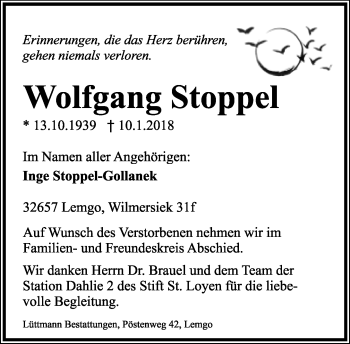 Anzeige  Wolfgang Stoppel  Lippische Landes-Zeitung