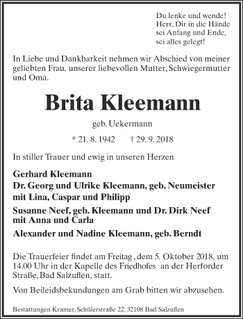 Anzeige  Brita Kleemann  Lippische Landes-Zeitung