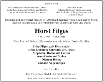 Anzeige  Horst Filges  Lippische Landes-Zeitung