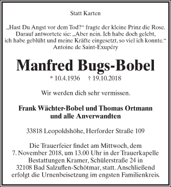 Anzeige  Manfred Bugs-Bobel  Lippische Landes-Zeitung