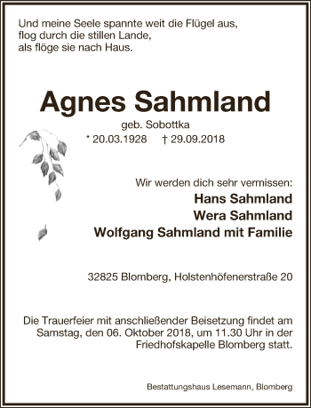 Anzeige  Agnes Sahmland  Lippische Landes-Zeitung