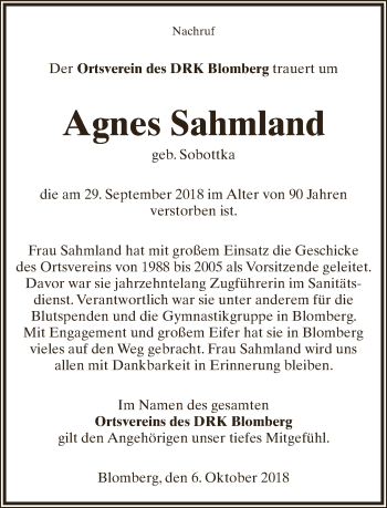 Anzeige  Agnes Sahmland  Lippische Landes-Zeitung