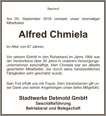 Anzeige  Alfred Chmiela  Lippische Landes-Zeitung