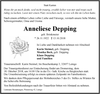 Anzeige  Anneliese Depping  Lippische Landes-Zeitung