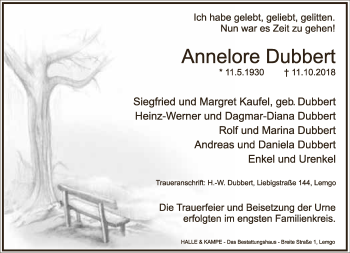 Anzeige  Annelore Dubbert  Lippische Landes-Zeitung