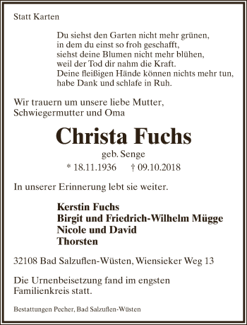 Anzeige  Christa Fuchs  Lippische Landes-Zeitung